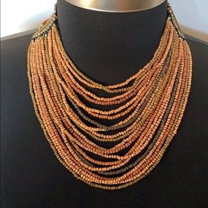 Vintage Boho Retro Chic Multi-Colored Browns Blues Multi-Strand Beaded Necklace